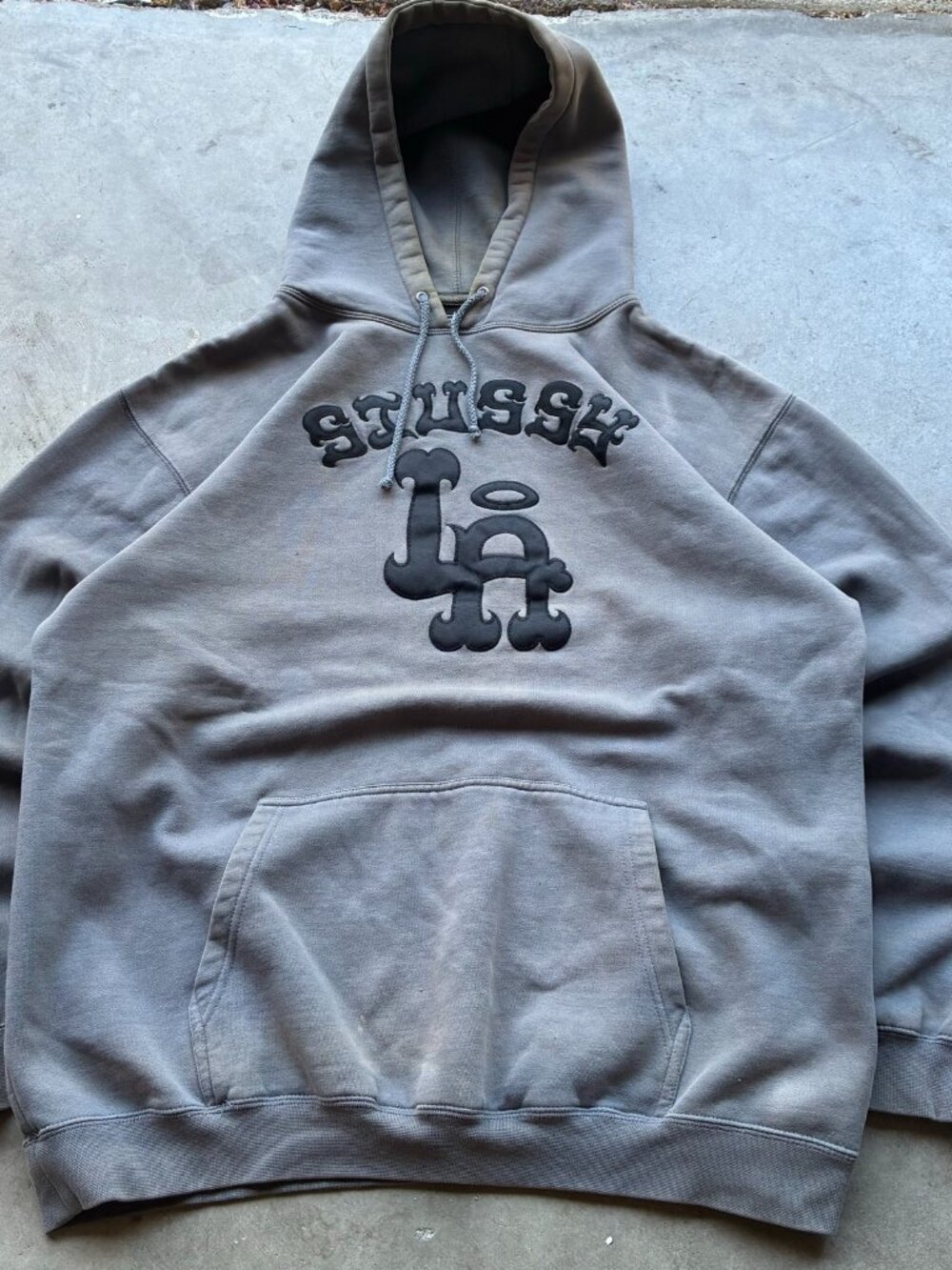Y2K Stussy LA Halo Chenille Applique Hoodie Grey Made in USA XL